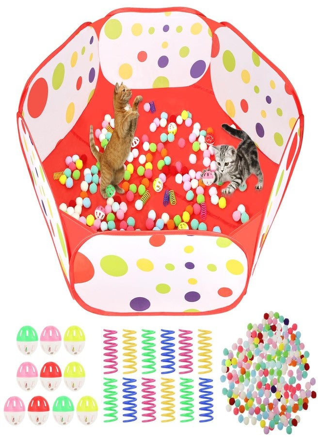 Foxtell Cat Ball Pit Include 200 Pom Pom Balls 10 Jingle Balls and 12 PCS Cat Spring Toy for Indoor Bored Self Play Enrichment Toy for Indoor Cats Interactive Fun and Exercise - Image 1